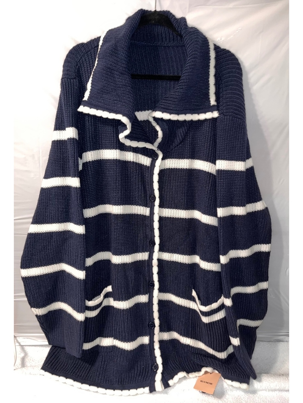 Bloomchic Women's Navy Blue and White Striped Knit Cardigan Sweater, 100% Acrylc